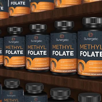 Sunergetic Premium Methyl Folate Supplement with Methylated Vitamin B12 and Vitamin B6 Metabolically Active Folate as Magnafolate - Methylfolate 400 mcg per Capsule 60 Capsules