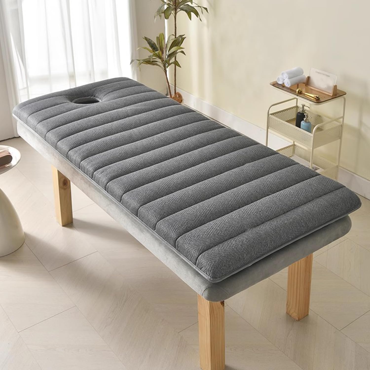 Gray,185 * 70cm(R), Thicken 6Cm Massage Bed Mattress Topper Beauty Salon Bed Mattress with Face Breath Hole Non-Slip Massage Table Cover with Elastic Band Spa Bed Mattress Square Head