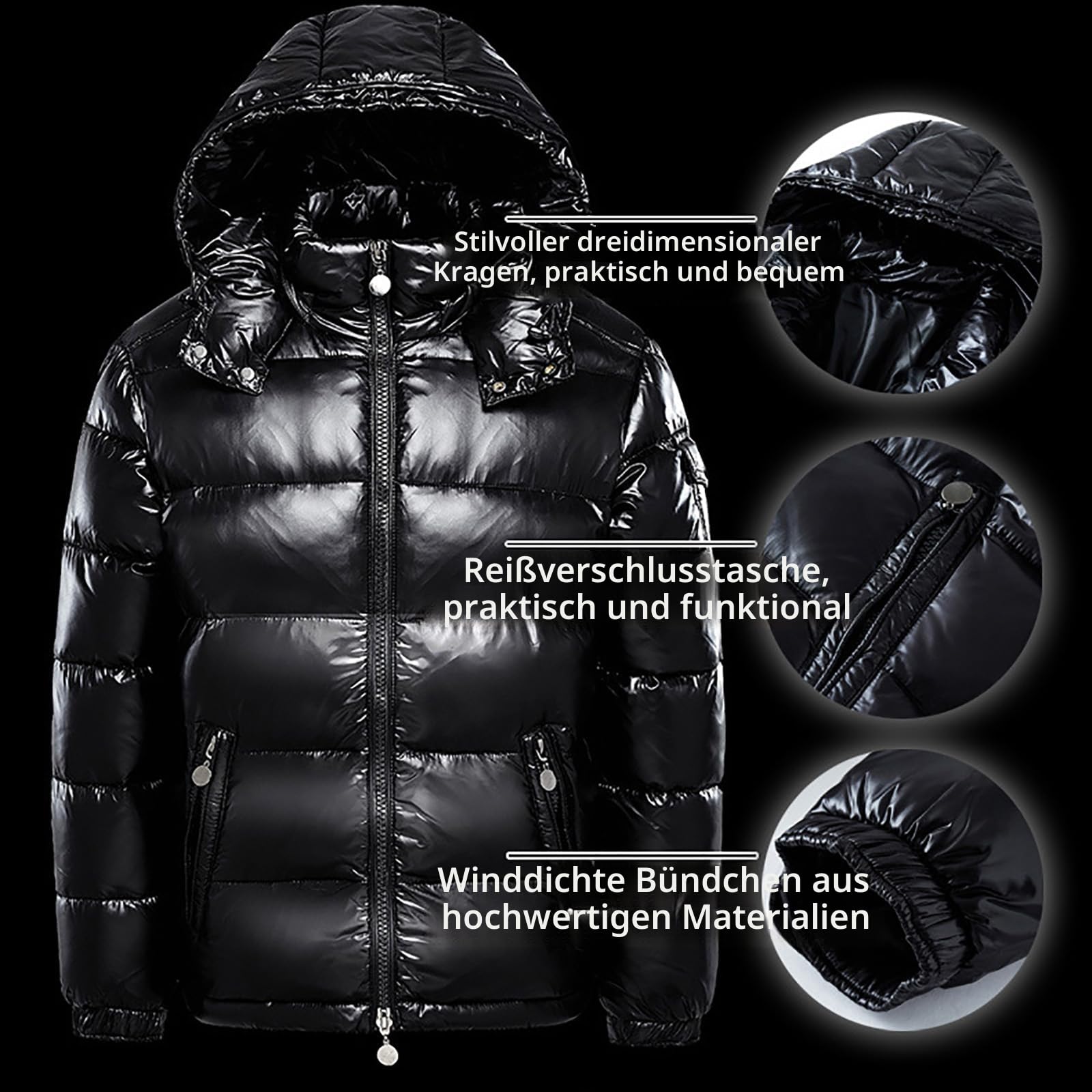 Winterkapuzenjacke, warm, mittleres Gewicht, Metallic-Daunenjacke, Reißverschluss, Steppung, glänzender Puffermantel, Schwarz , M