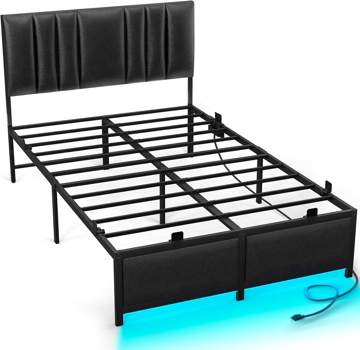 Cyclysio Twin Bed Frame with Headboard, Height Adjustable PU Leather Headboard, Twin Size Bed Frame with LED Lights, Charging Station, Strong Metal Slats Support, No Box Spring Needed, Black