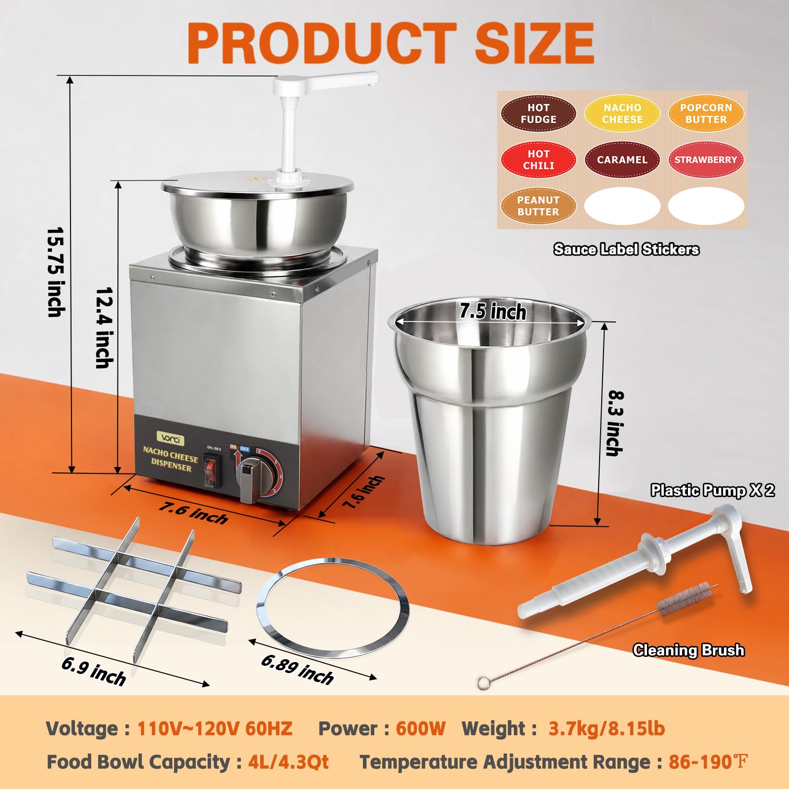 VONCI Dispensador de queso Nacho, calentador de queso Nacho de 4.3 cuartos de galón con bomba de plástico, dispensador de dulce caliente con ajuste de temperatura de 6 niveles, dispensador de queso
