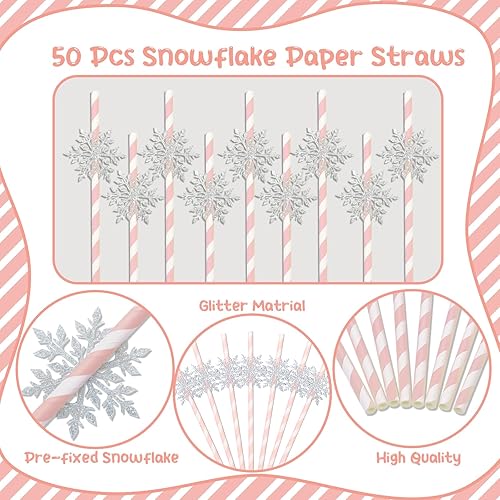 Miniatura 8 de 50 popotes de papel de copo de nieve, pajitas de rayas azules desechables con purpurina para copo de nieve para copo de nieve de invierno, regalos