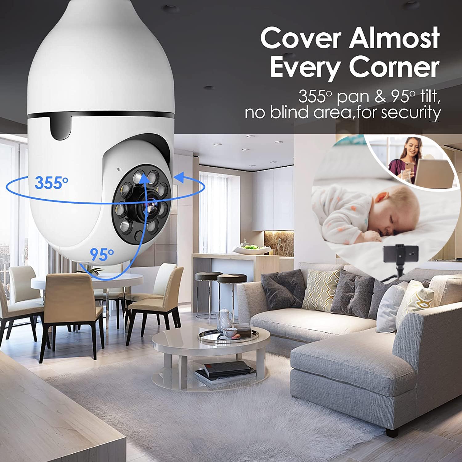 Safecam 360 Security Camera Wireless Outdoor Light Bulb Panorama Camera,5GHz WiFi Light Bulb Smart Security Cameras for Build Safe Home Easy Install,Night Vision,Move Detection,Two-Way Call (White)