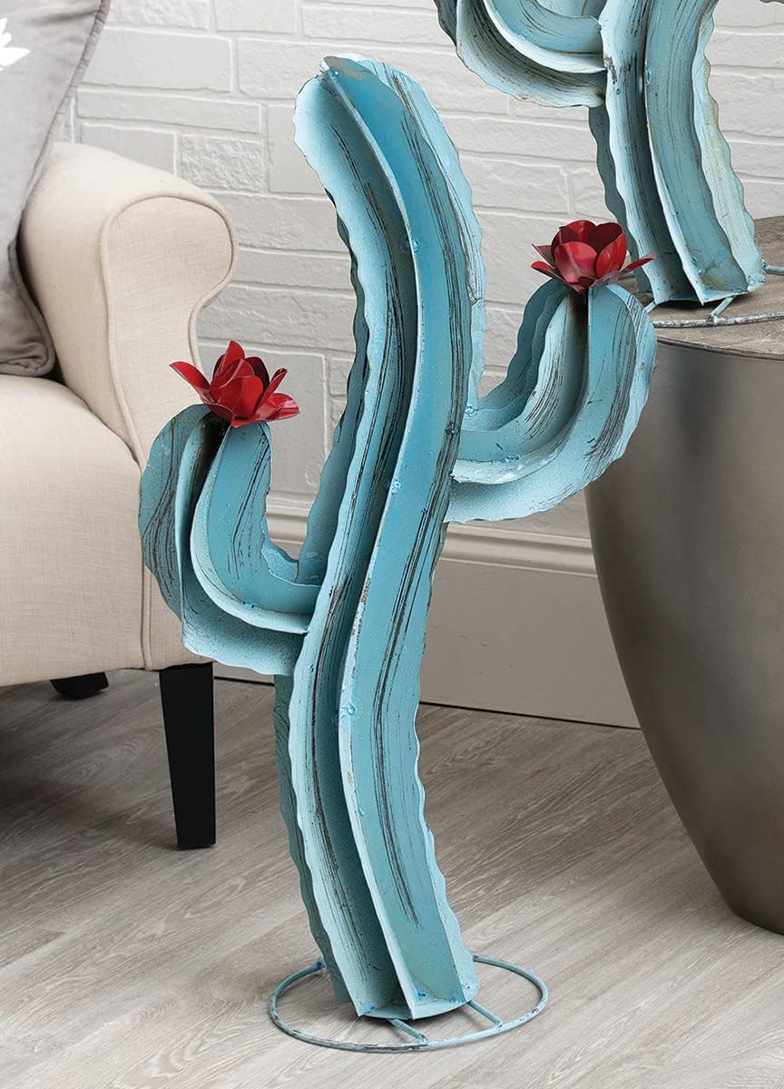 BLACK FOREST DECOR Blooming Cactus Blue Metal Sculpture – 34”H Handcrafted Southwest Art with Floral Accents – Indoor/Outdoor