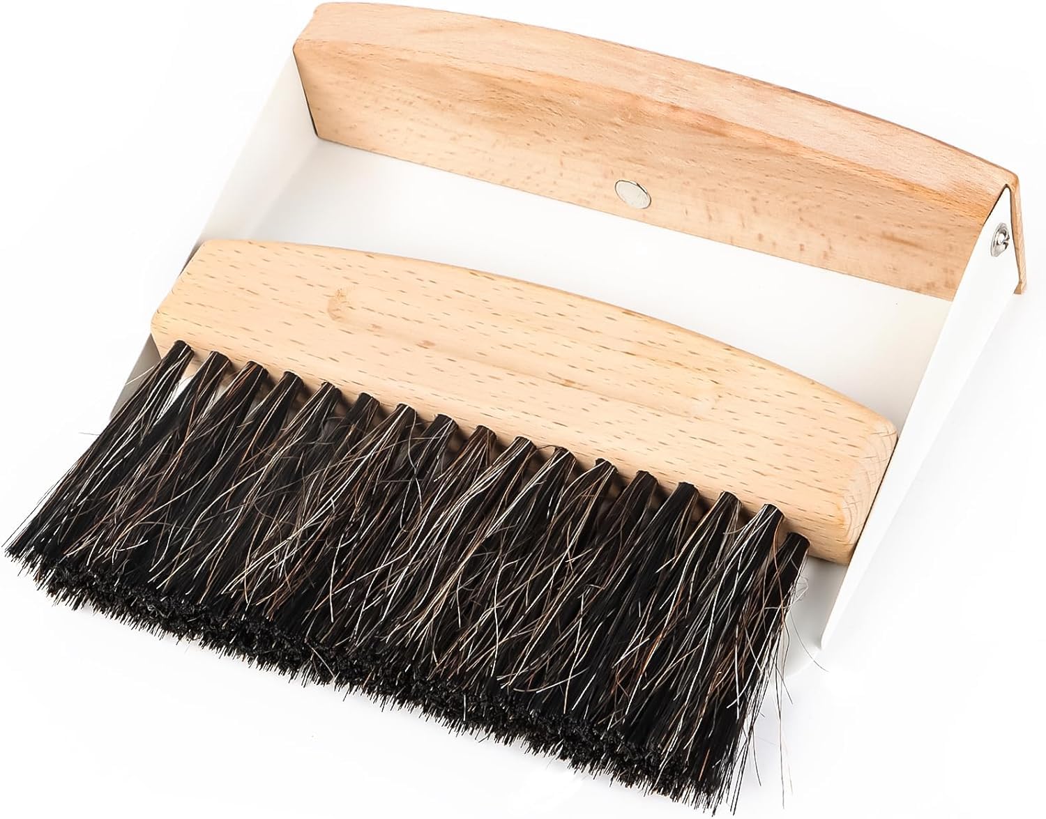 Schaufel und Besen Set,Tischbesen,Tischkehrset aus Holz und Metall,Mini Kehrblech und Handfeger Besen,Nylon Borsten (weiß-schwarzer Pinsel)