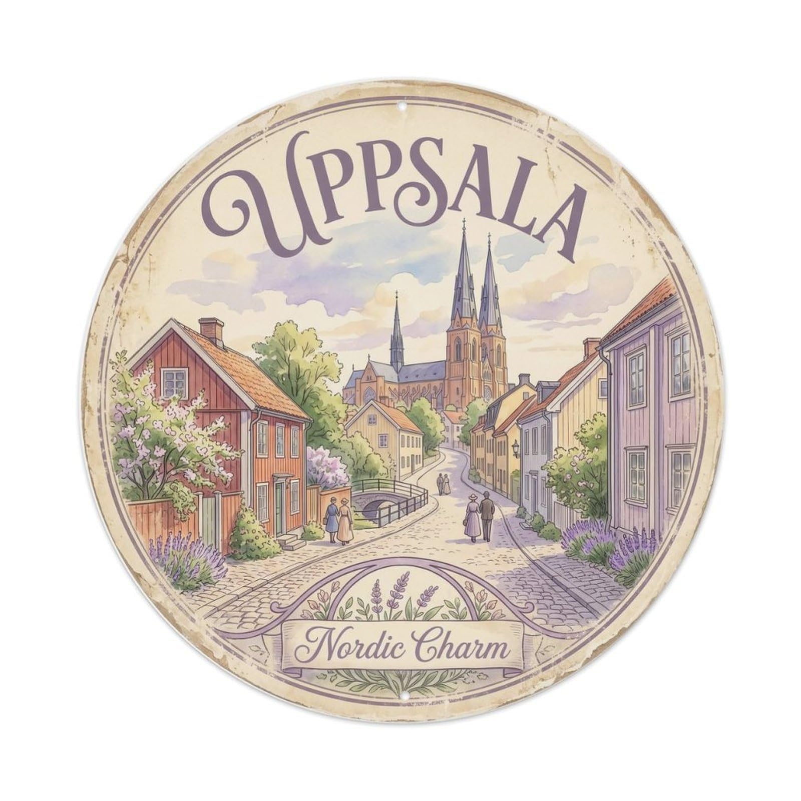 Vintage Travel Uppsala Sweden Historic Metal Tin Sign Plaque Wall Decor for Cafe, Club Bar, Office, Home Garden Round Metal Poster 8x8Inch