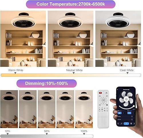 Miniatura 2 de Ventilador de techo de cristal RGB con control remoto de luz, ventilador de techo de 19.7 pulgadas, montaje empotrado, RGB regulable, LED, 6
