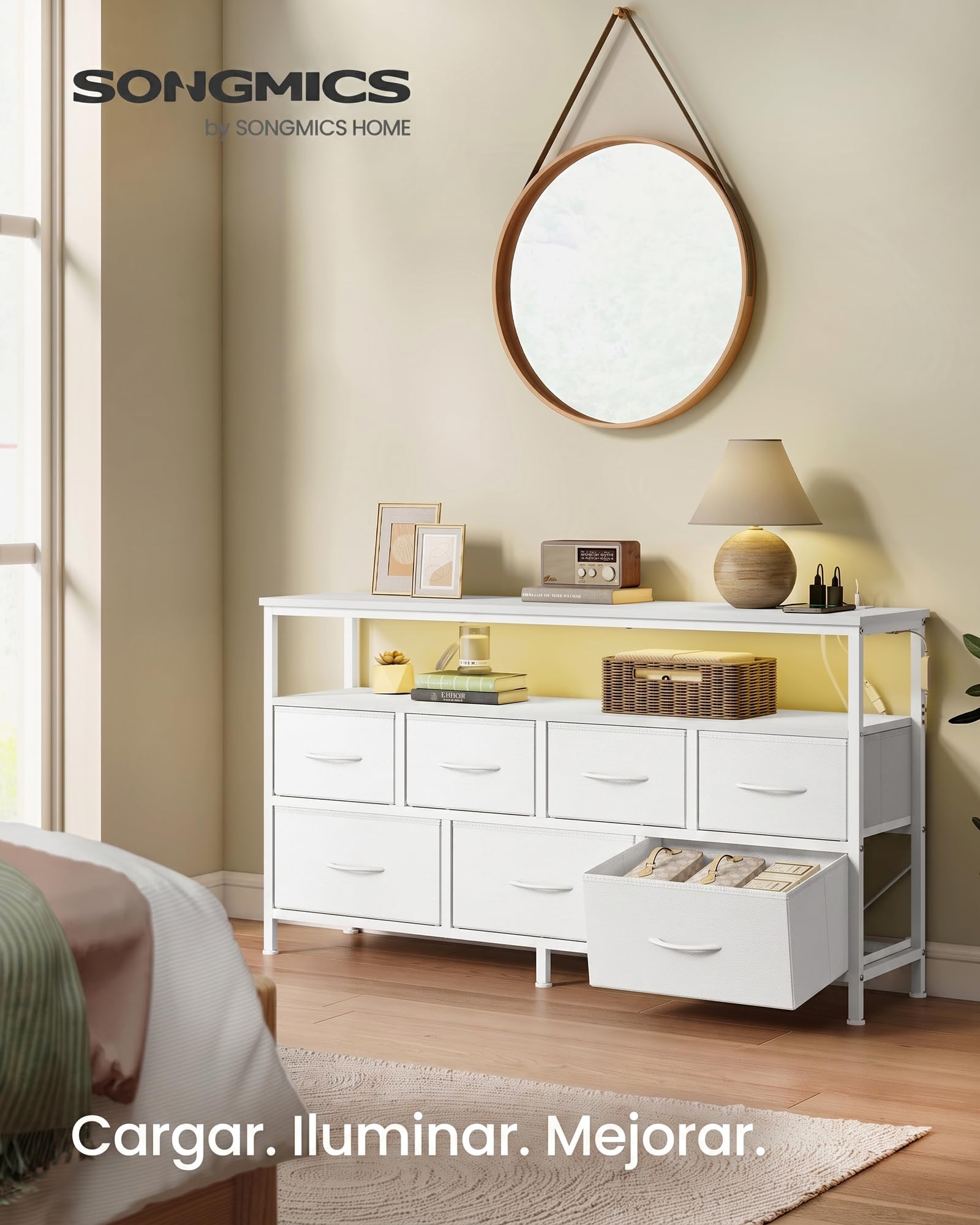 SONGMICS BELLAH Colección – Cómoda para Dormitorio, Mueble de Almacenaje, Iluminación LED Ajustable, Regleta de Enchufes, 1 Estante, 7 Cajones, Moderna, Blanco Nube LGS733WH01