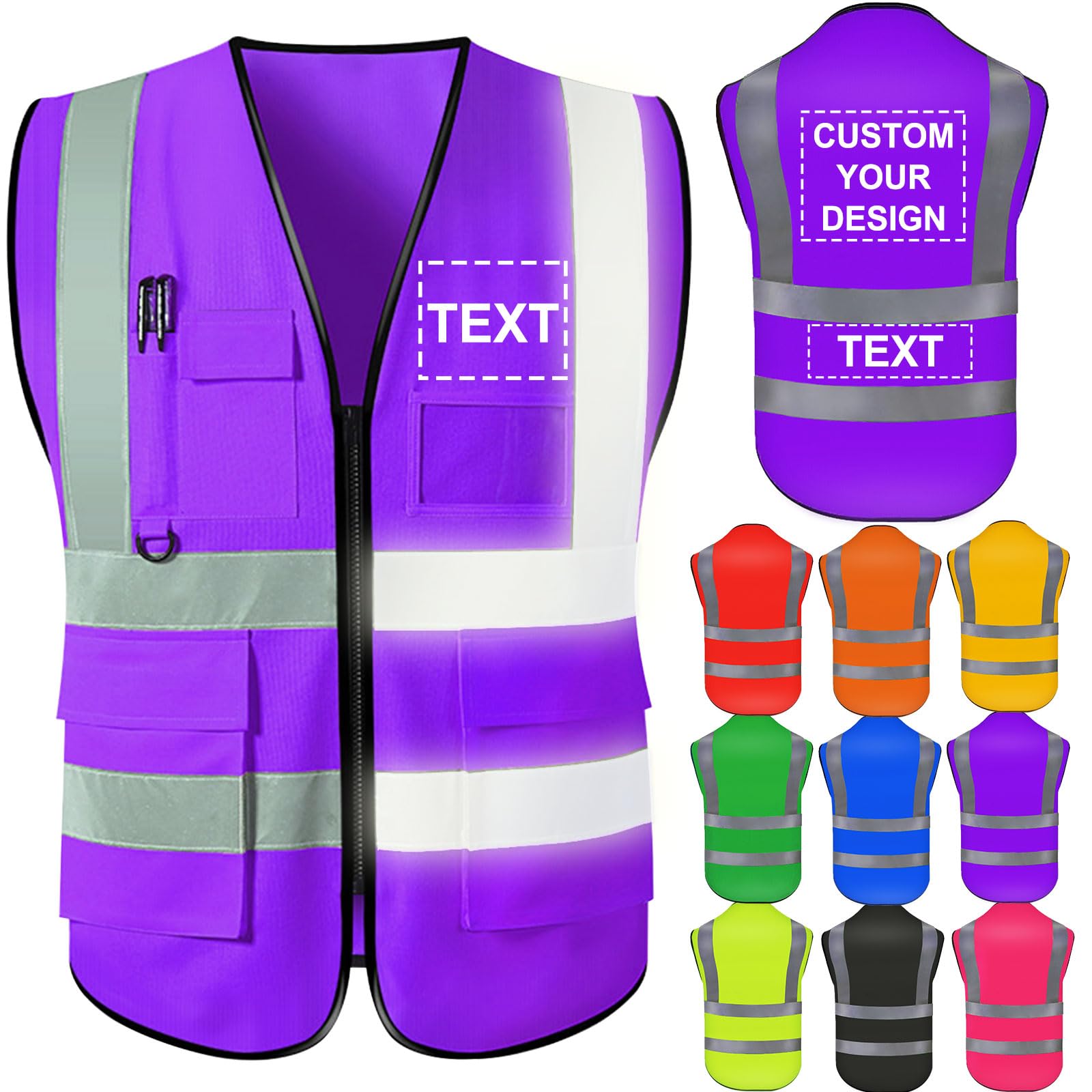 Custom Safety Vest for Men with Logo High Visibility Safety Vests Reflective with Pockets and Zipper Construction