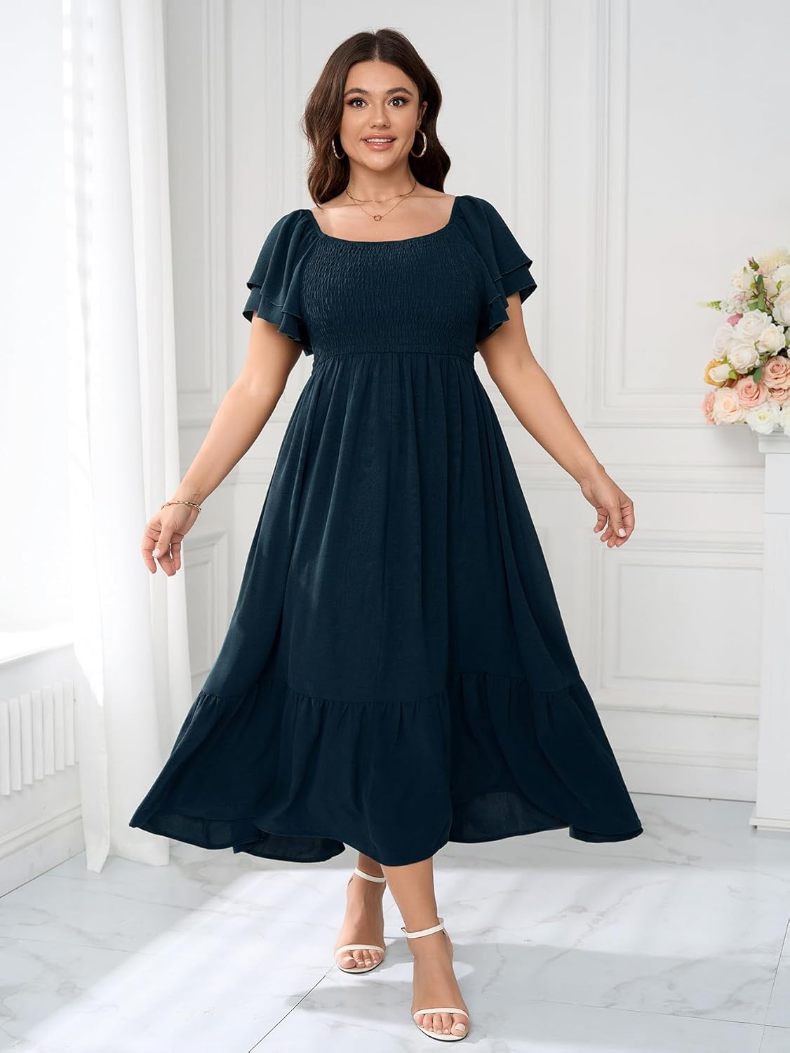 SCOMCHIC Women's Plus Size Maxi Dress Ruffle Sleeve Square Neck Smocked Flowy A-Line Wedding Guest Party Long Dresses - Image 7
