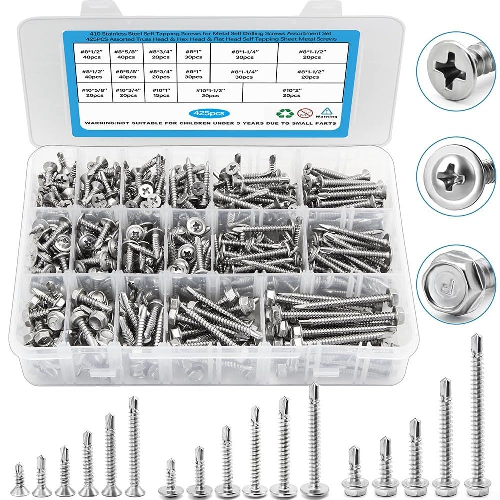 425PCS 410Stainless Steel Vite autoperforante, testa svasata Pan Head Hex Head Autofilettanti Auto-foratura Viti Set