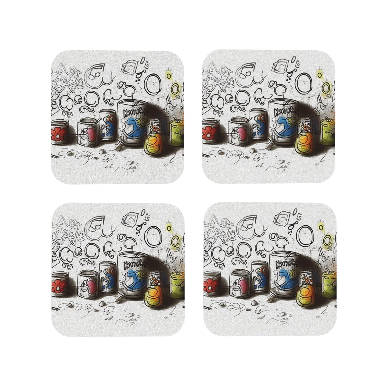 4pcs Drink Coasters for Tabletop Protection, 4" Leather Coasters for Drinks, Graffiti On Various Objects Cup Coasters for Coffee Table Decor, Non-Slip Drinking Cup Mat for Hot Or Cold Drink