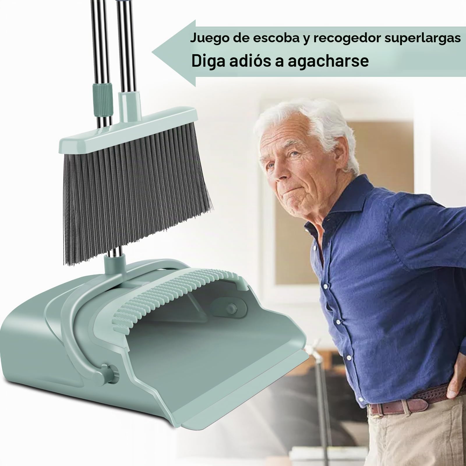 Juego de Escoba y recogedor Mejorado 2021, tamaño Grande y Escoba rígida con Mango Largo, Juego de Escoba Vertical Ideal para Uso en Interiores y Exteriores, Garaje, Cocina, Oficina,