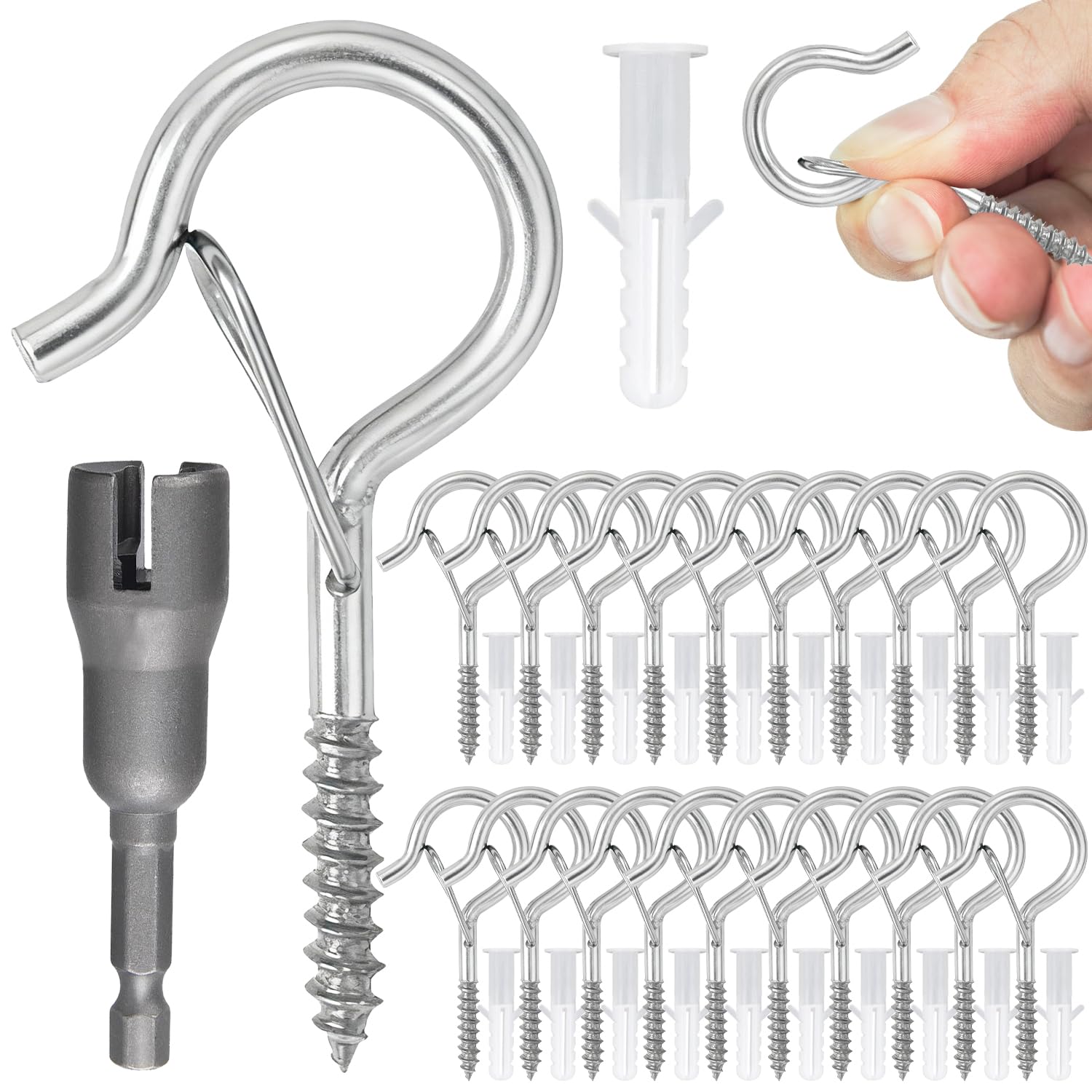 YAWYO 20 Sets Screw Hooks, Cup Hooks Screw in Wall Hanging with Buckle for Fairy Lights Plants Bird Feeders Cups for Outdoor String Light, Safety Buckle, Fence Celling (Sliver)