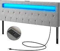 Greenstell Full Size Gray Headboard with 60,000 Color LED Lights, USB & Type-C Charging, Height Adjustable, Wall Mount or Frame
