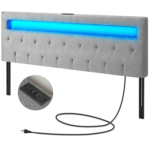 GREENSTELL Headboard for Full Size Bed with 60,000 DIY Color of LED Light, USB & Type C Post, Attach Frame, Height Adjustable, Gray Wall Mounted Head Boards Only, Sturdy & Stable, Comfortable, Full