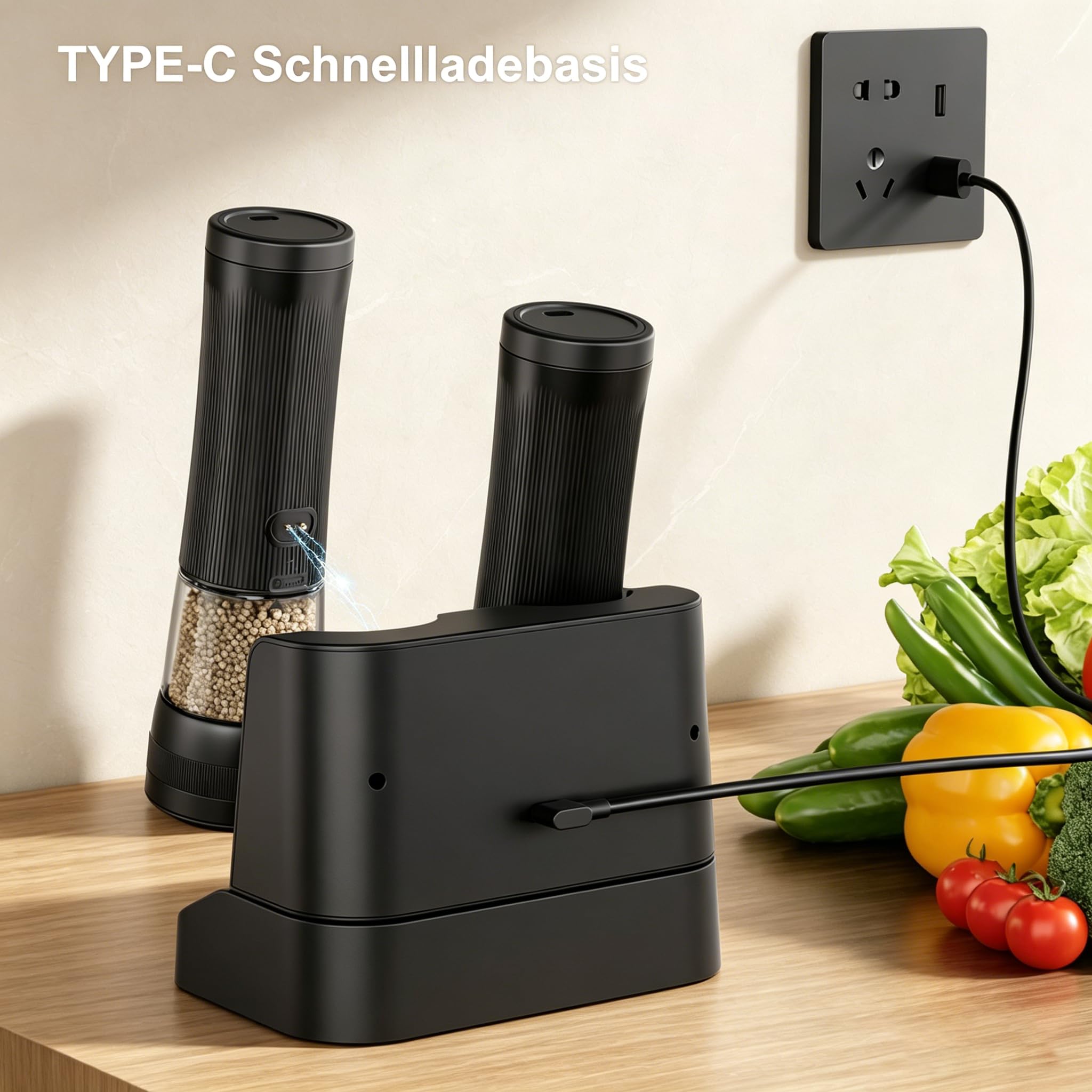 Elektrische Salz und Pfeffermühle Set mit USB Ladebasis,100ml Großes Fassungsvermögen,Elektrisch Gewürzmühle mit 5 Stufen & Keramik Mahlwerk,Geschenk für Kochenthusiasten