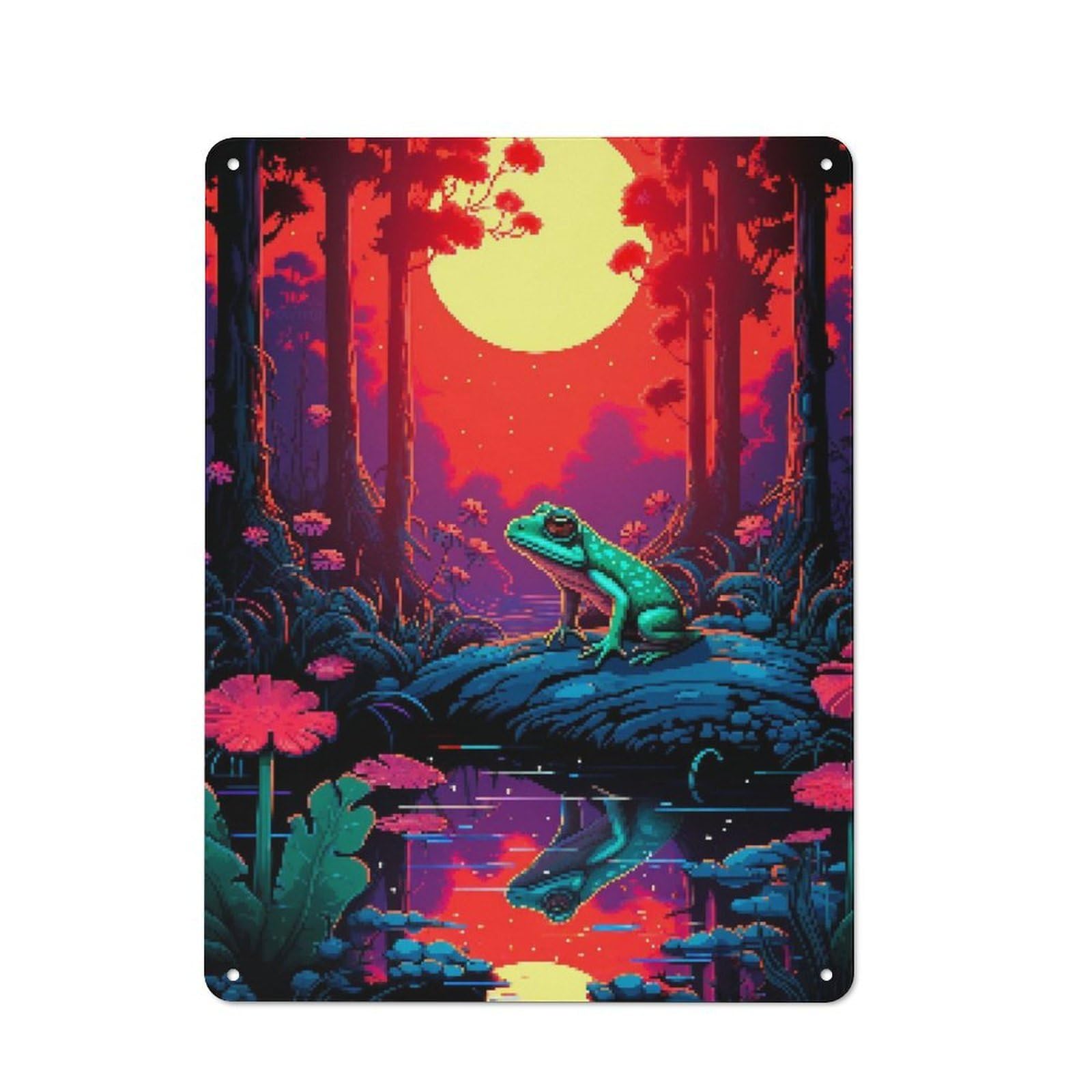 Junmoney Sunset Frog Pixel Art Classic Metal Wall Decor 40X30cm, Metal Wall Plaque For Office, Study, Studio Or Hallway
