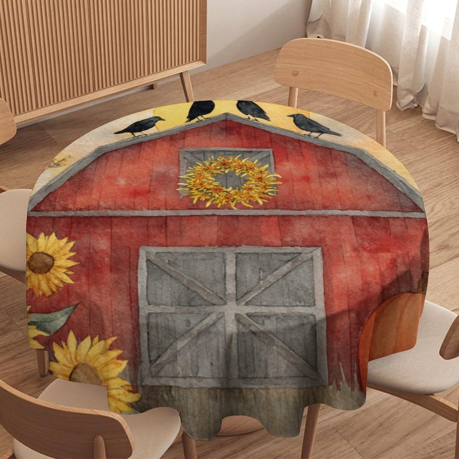 LUYYSKY Beautiful Realistic Farm Barn Waterproof Round Tablecloth Western Aesthetic Fall Sunset Log Cabin Sunflowers Animals Raven Washable Table Cover for Kitchen-177.8" Wx177.8 L cm