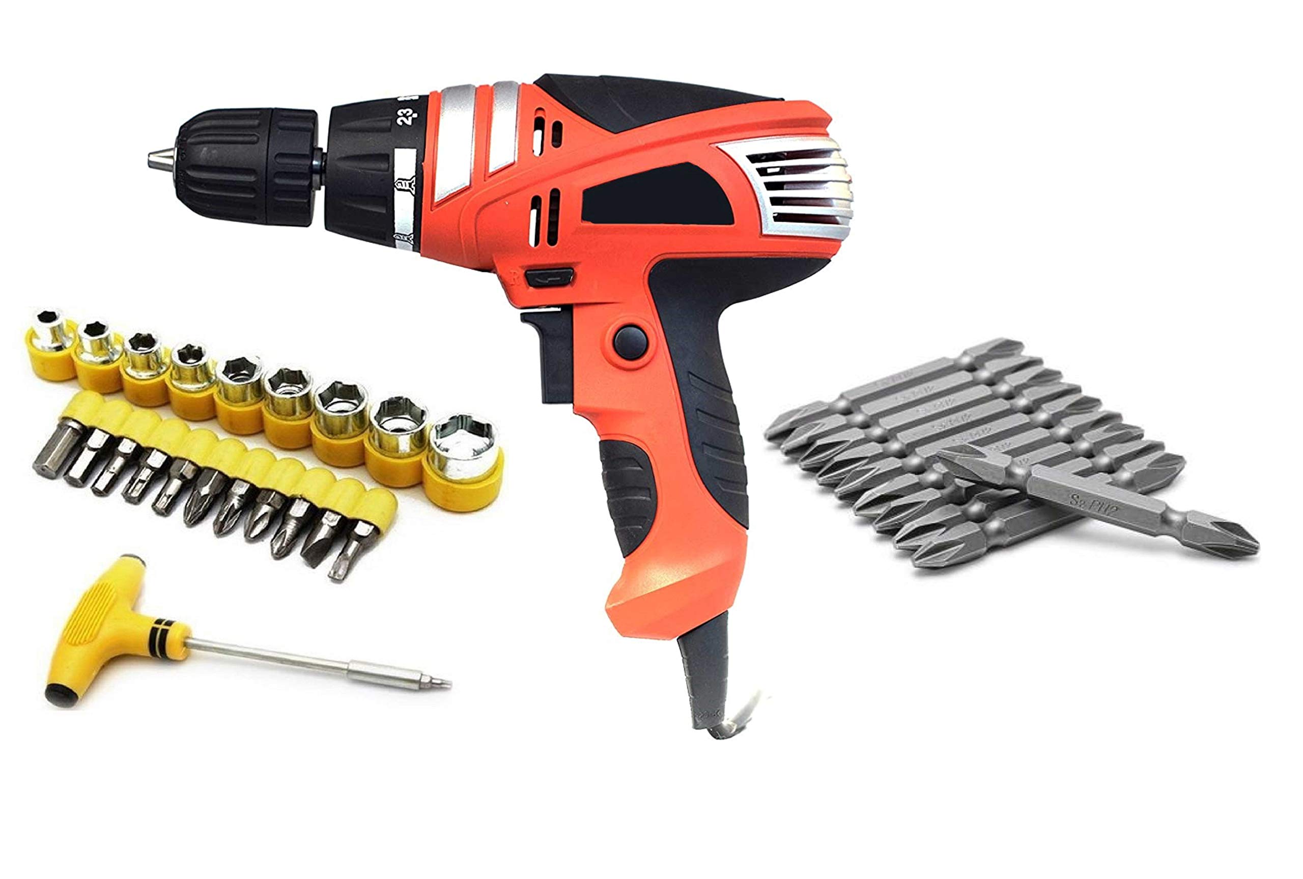10mm Keyless chuck 360�Degree screwdriver cum Drill machine with Torque adjustment System Collated Screw Gun with free T shape Screwdriver Kit, Ph2++ Bit set *Variant color*