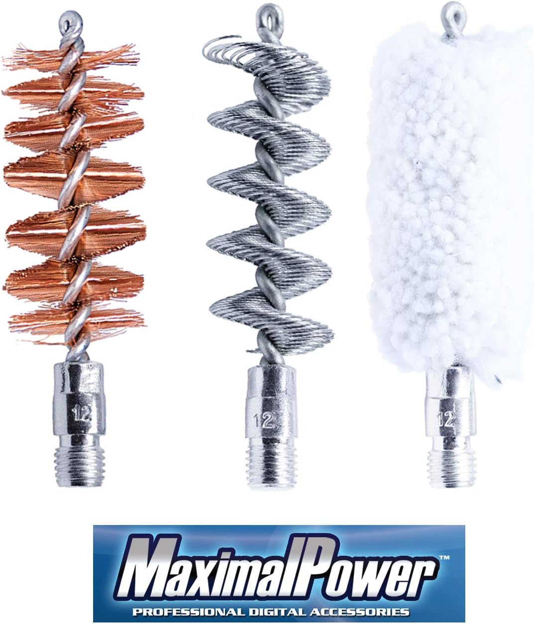 MaximalPower Combo Set of Gun Cleaning Bore Brushes | Tornado Brush Solid Brass Jag Phosphor Bronze Nylon Cotton Brush Mop | for 12 Gauge/18.5-20mm.357 cal/9mm.45 cal/10mm Firearms