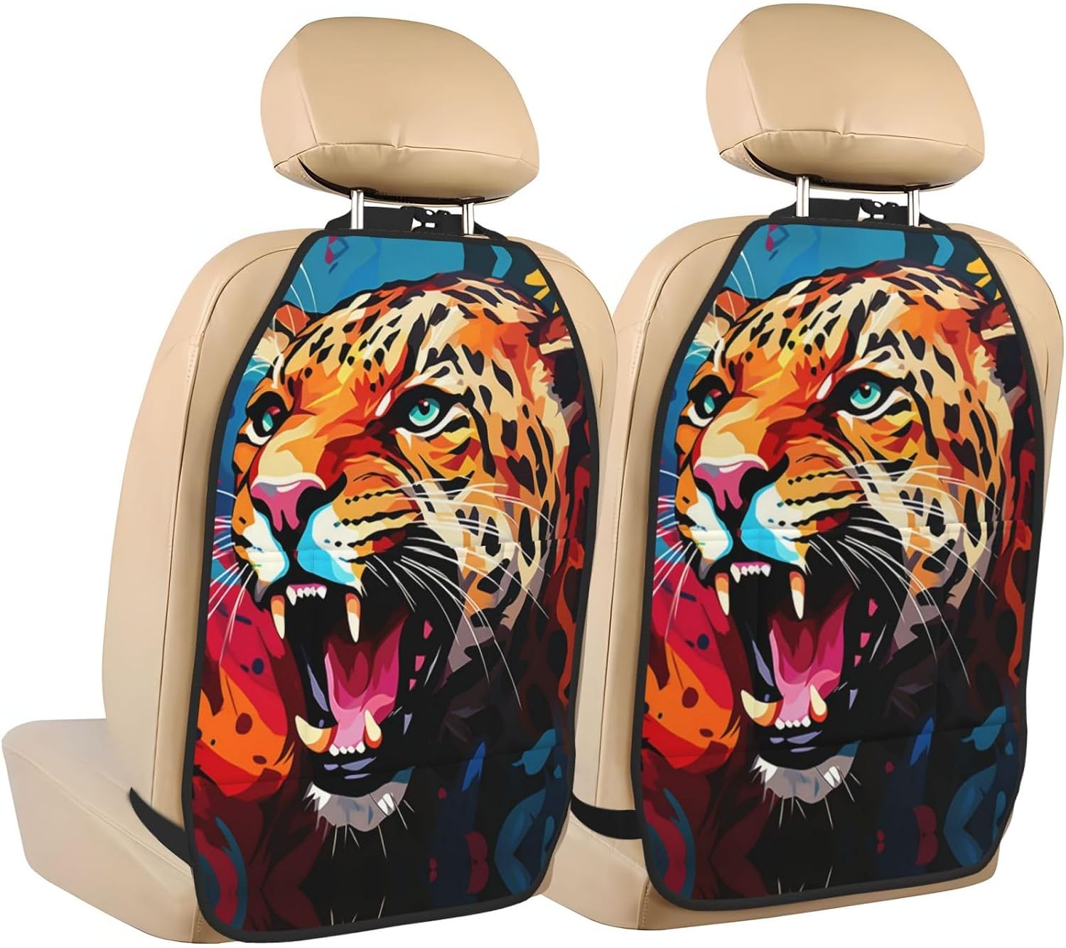 Car Seat Back Kick Protector 2 Pack 18.5x26.4 Inch, Cartoon Tiger Splash Anti-Kick Pad, Waterproof Oxford Fabric Large Rear Seat Cover for Kids Pets Fits SUV Jeep Truck Sedan