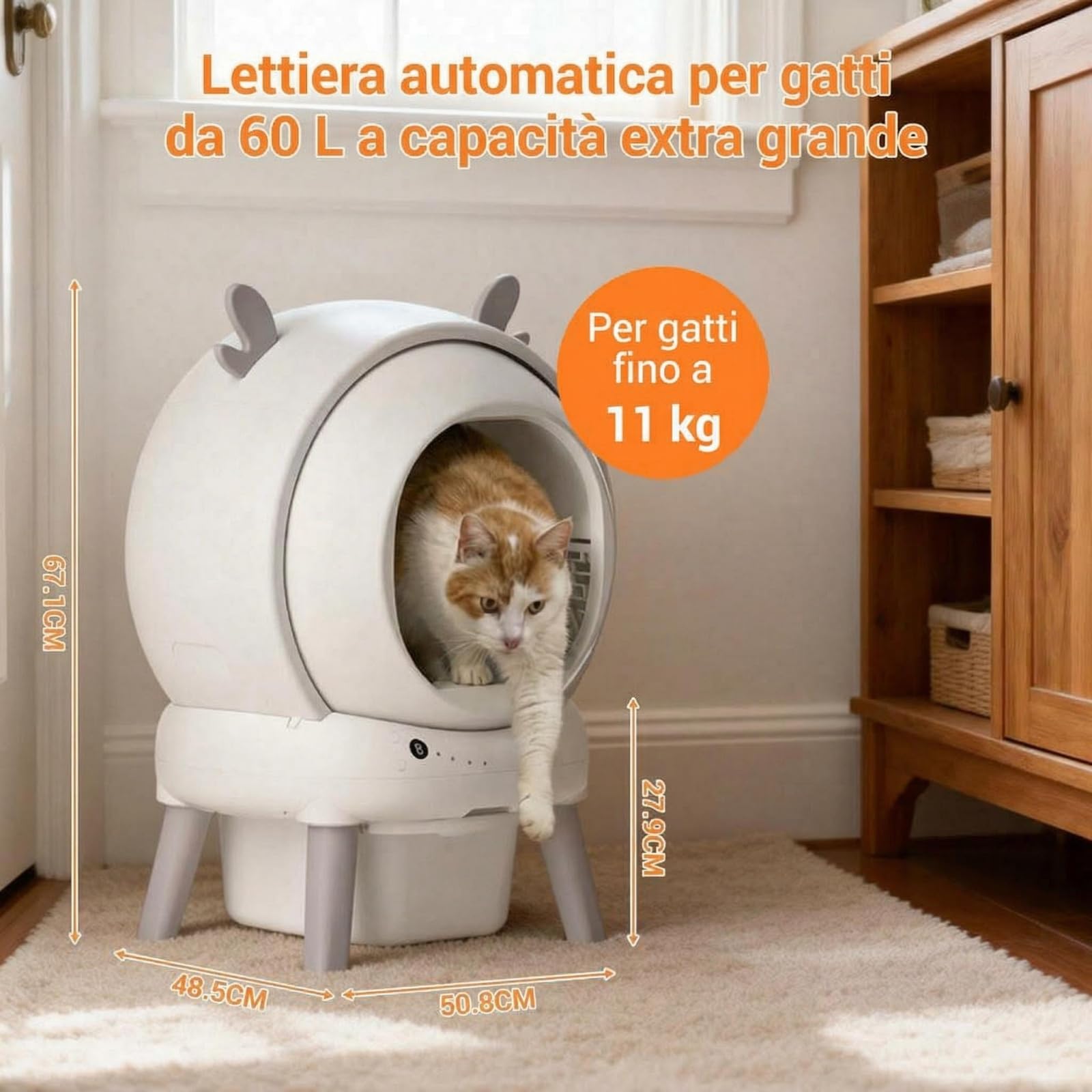 Vassoio Automatico per Gatti 60L – Lettiera Autopulente con APP WiFi e Sensori di Sicurezza, Cassetto Sigillato Anti Odore, Adatto per Gatti fino a 11kg, Grande Capacità