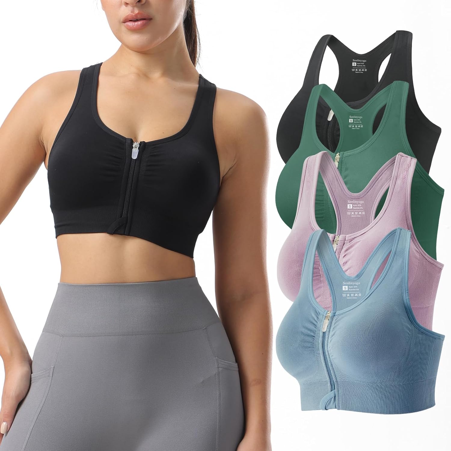 Zip Front Sports Bras for Women-Raceback Medium Support Padded Bra for Workout Yoga Gym Running