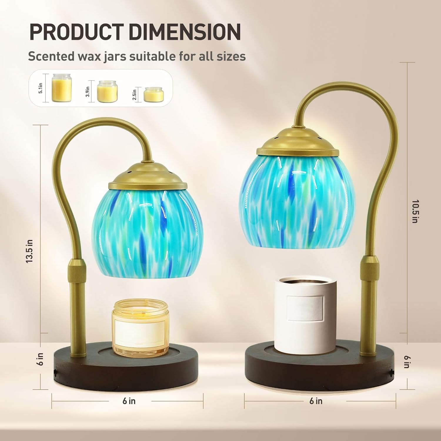 Ocean Tiffany Style Candle Warmer Lamp, Adjustable Height Candle Warmer Lamp with Timer and Dimmer, Dimmable Electric Wax Melter for Scented Candles, Glass Shade, Metal Stem, Marble Base