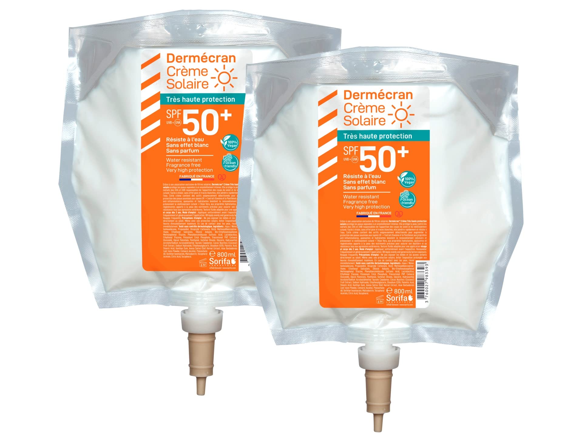Lot de 2 - Dermécran - Crème solaire SPF50+ - Visage et corps - Formule Vegan & Ocean Friendly - Résiste à l'eau - Pour toute la famille dès 3 ans - Fabriquée en France - Poche 800 ml