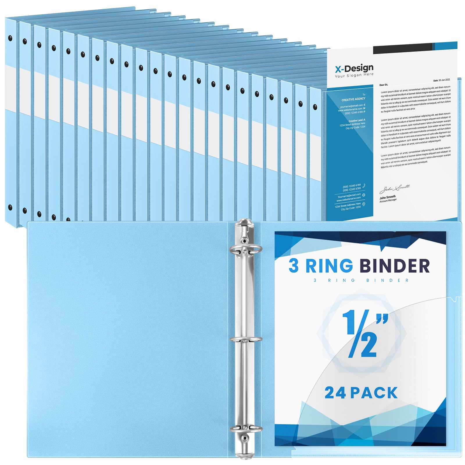 Henoyso 24 Pack 1/2 Inch 3 Ring Binder with Clear Cover Fit Letter Size 8.5" x 11" Paper Holds 140 Sheets, Bulk Binders for Organizing School, Office &amp; Classroom Documents, 1 Pocket (Light Blue)