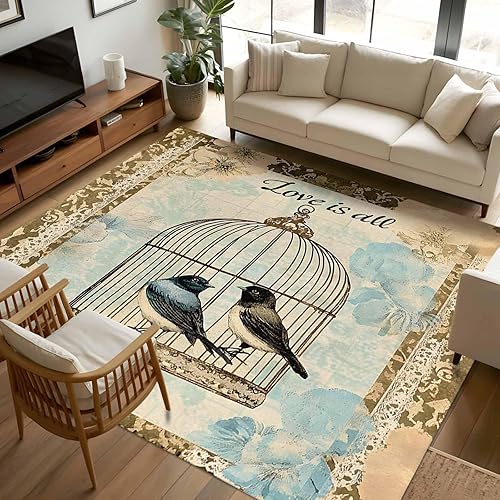Miniatura 13 de 5ft Round Rug, Retro Birds Cage Non-Skid Rubber Backing Large Area Rugs - Living Room Bedroom Home Office, Watercolor Floral Pattern Indoor Floor