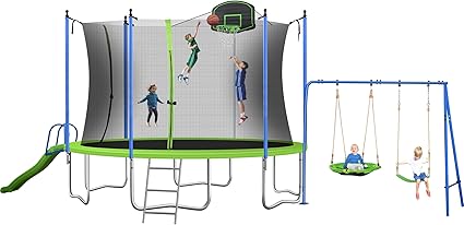 EMKK 12 Trampoline with Slide and Swings,Trampolines for Kids and Adults Large Recreational Trampoline with Basketball Hoop and Ladder,Outdoor Backyard Trampoline with Net