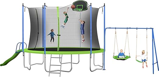 EMKK 12 Trampoline with Slide and Swings,Trampolines for Kids and Adults Large Recreational Trampoline with Basketball Hoop and Ladder,Outdoor Backyard Trampoline with Net