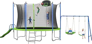 EMKK 12 Trampoline with Slide and Swings,Trampolines for Kids and Adults Large Recreational Trampoline with Basketball Hoop and Ladder,Outdoor Backyard Trampoline with Net