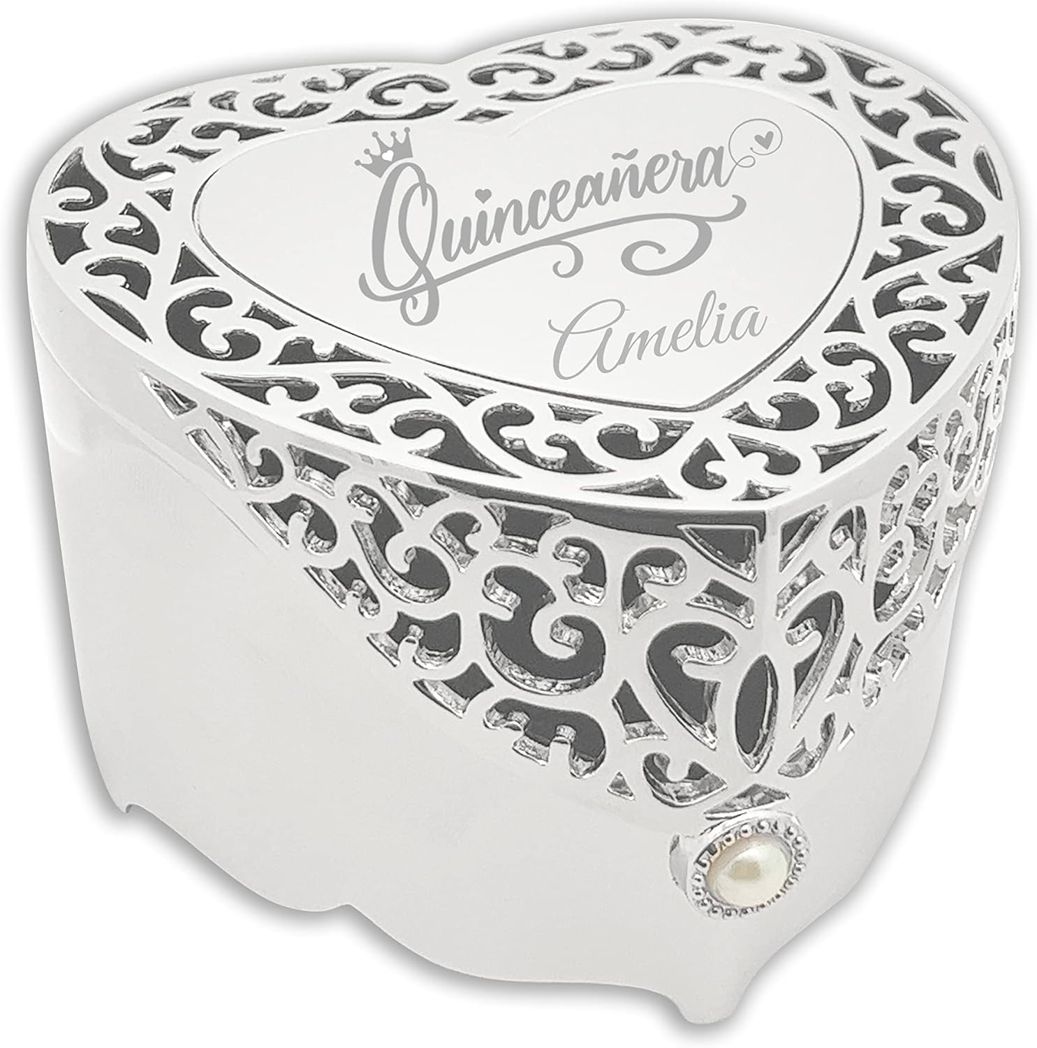 Cherished Moments Personalized Quinceanera Gift Filigree Heart-Shaped Jewelry Keepsake Box with Custom Engraved Name for 15-Year Old, Silver Toned