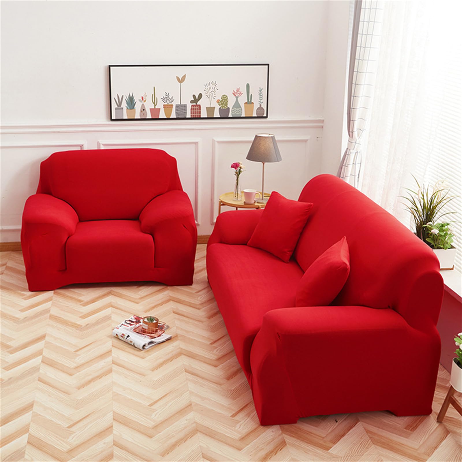 Housse de canapé extensible 4 places avec accoudoirs rouge salon