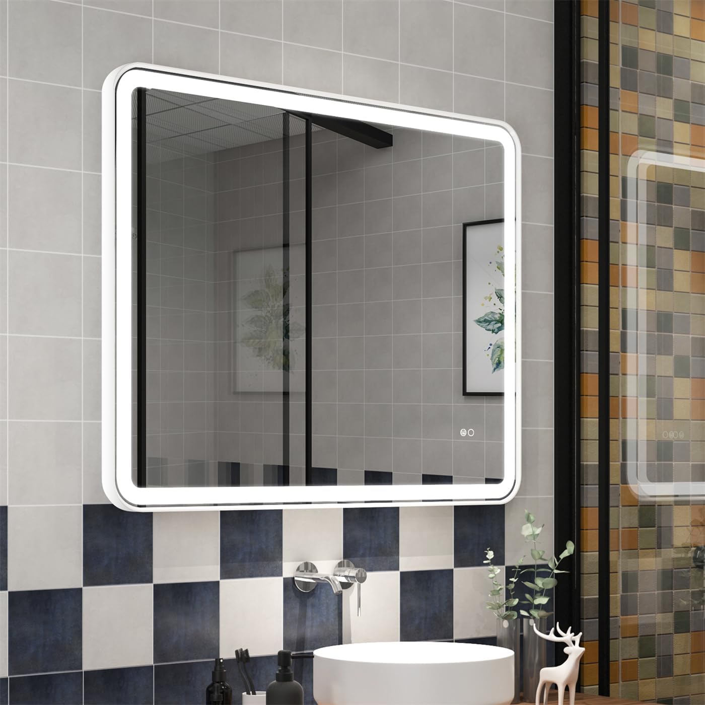 WELLFOR 40'' x 32' Wall-Mounted Framed LED Bathroom Mirror, Bathroom Vanity Mirror with Dimmable, Metal Rounded Corner Rectangle Mirror W/Lights, Vertical/Horizontal Installation, White