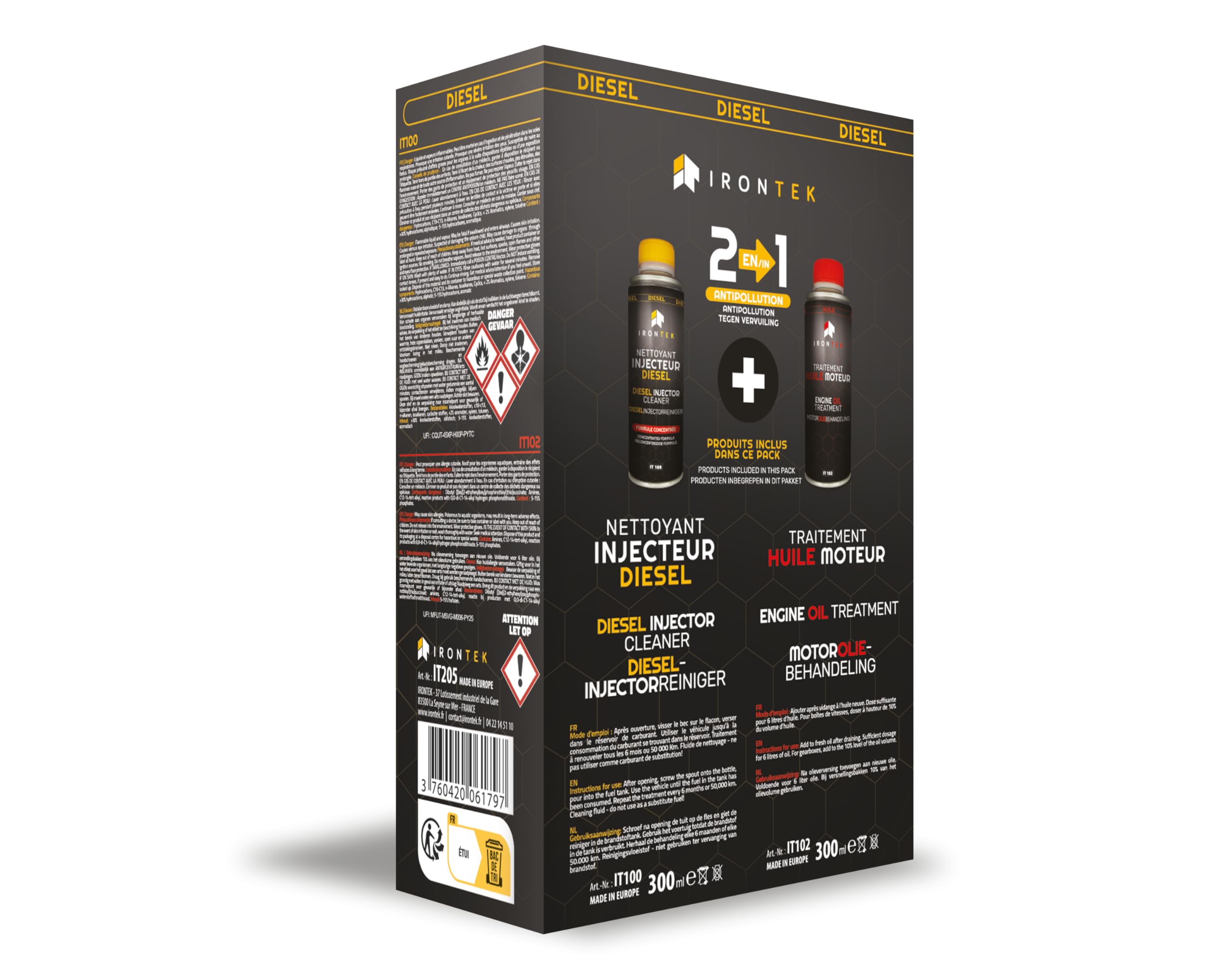 Aditivo Pasar ITV Diésel - IRONTEK - 2x300ml | IT205 | Limpiador Inyectores | Tratamiento Aceite Motor | Reduce Emisiones | Acción 300 km
