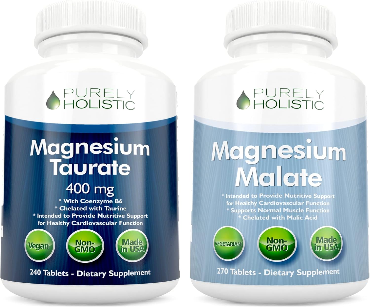 Magnesium Taurate 400mg + Magnesium Malate 400mg - Highly Bioavailable - High Absorption Bundle - 270 + 270 Vegetarian Tablets