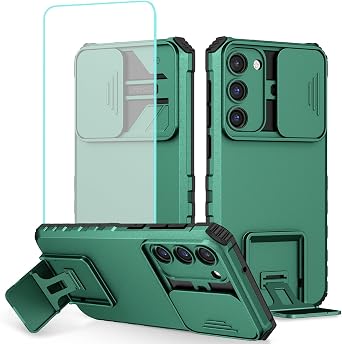 Case for Galaxy S24 Case/Samsung S24 5G SM-S921U Case with Tempered Glass Screen Protector and Slide Camera Cover, Heavy Duty Kickstand Protective Phone Cover for Samsung Galaxy S24 Dark Green