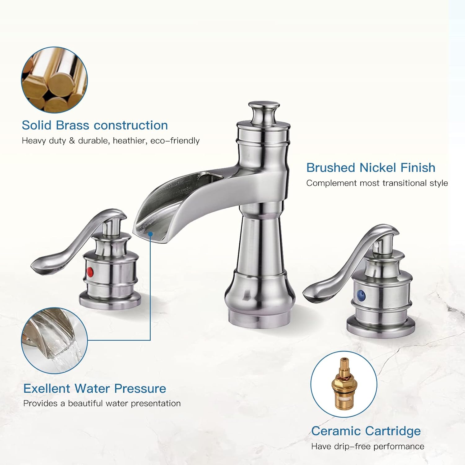 BWE 8 Inch Widespread Bathroom Faucet with Pop Up Drain with Overflow and Supply Line Waterfall 3 Holes Two-Handle Sink Faucets Brushed Nickel Lavatory Mixer Tap