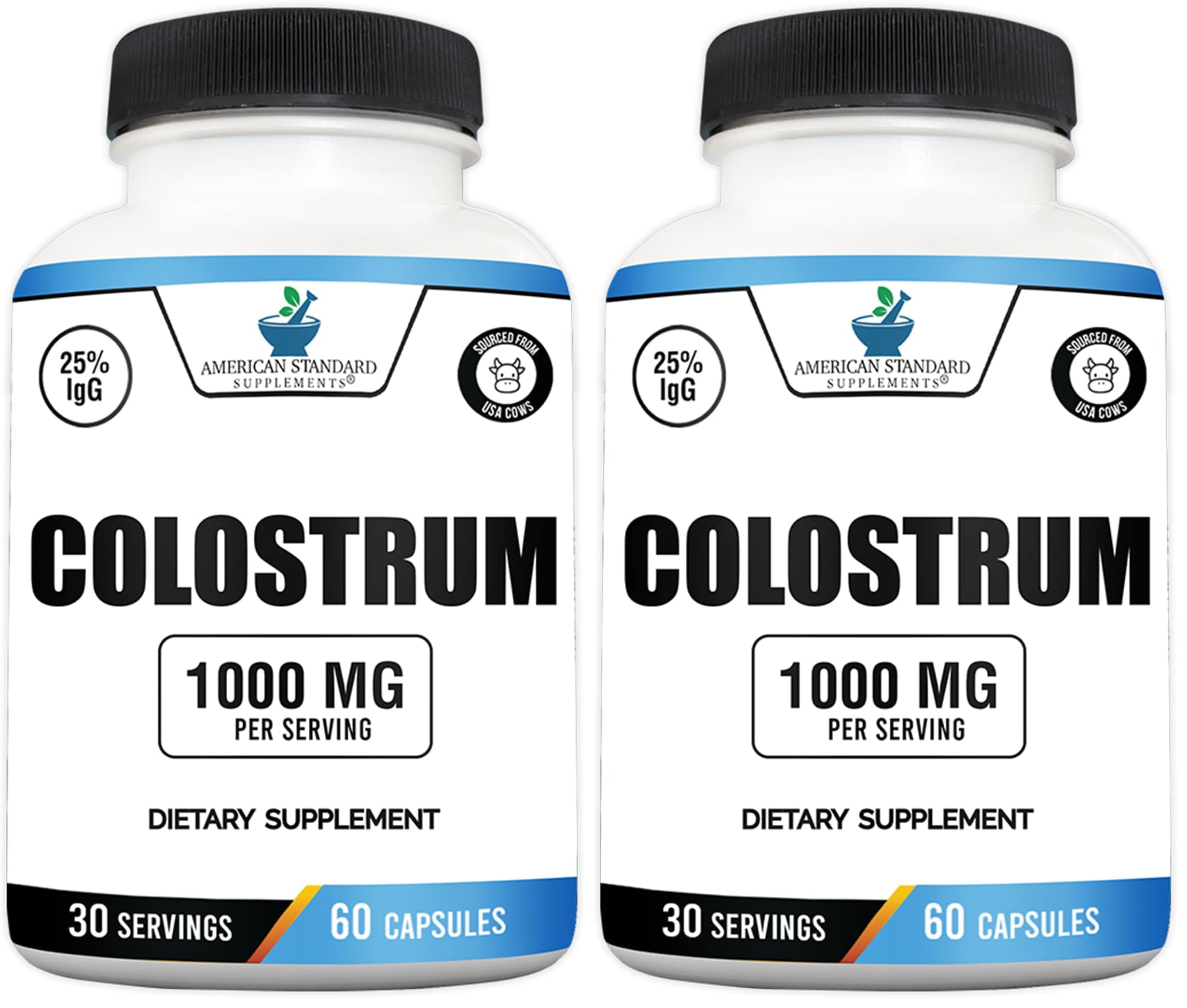 American Standard Supplements Colostrum Capsules - 1000mg Per Serving, 60 Capsules, USA Sourced Cow Colostrum, Standardized to 25% Immunoglobulins (IgG) (Pack o