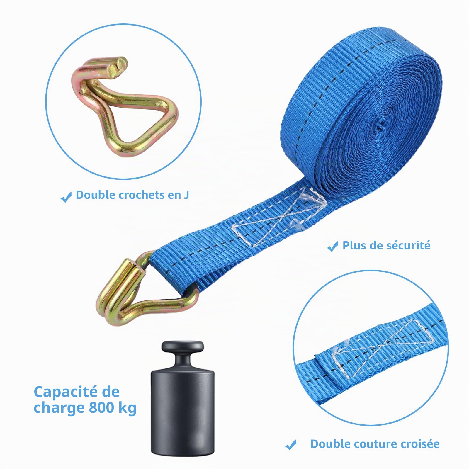 6 Pièces Sangle à Cliquet, 5mx25mm Sangle Cliquet avec Crochets, 800kg Sangle Crochet de Levage, Bleu Sangle à Cliquet pour Cargaison, Moto, Camions