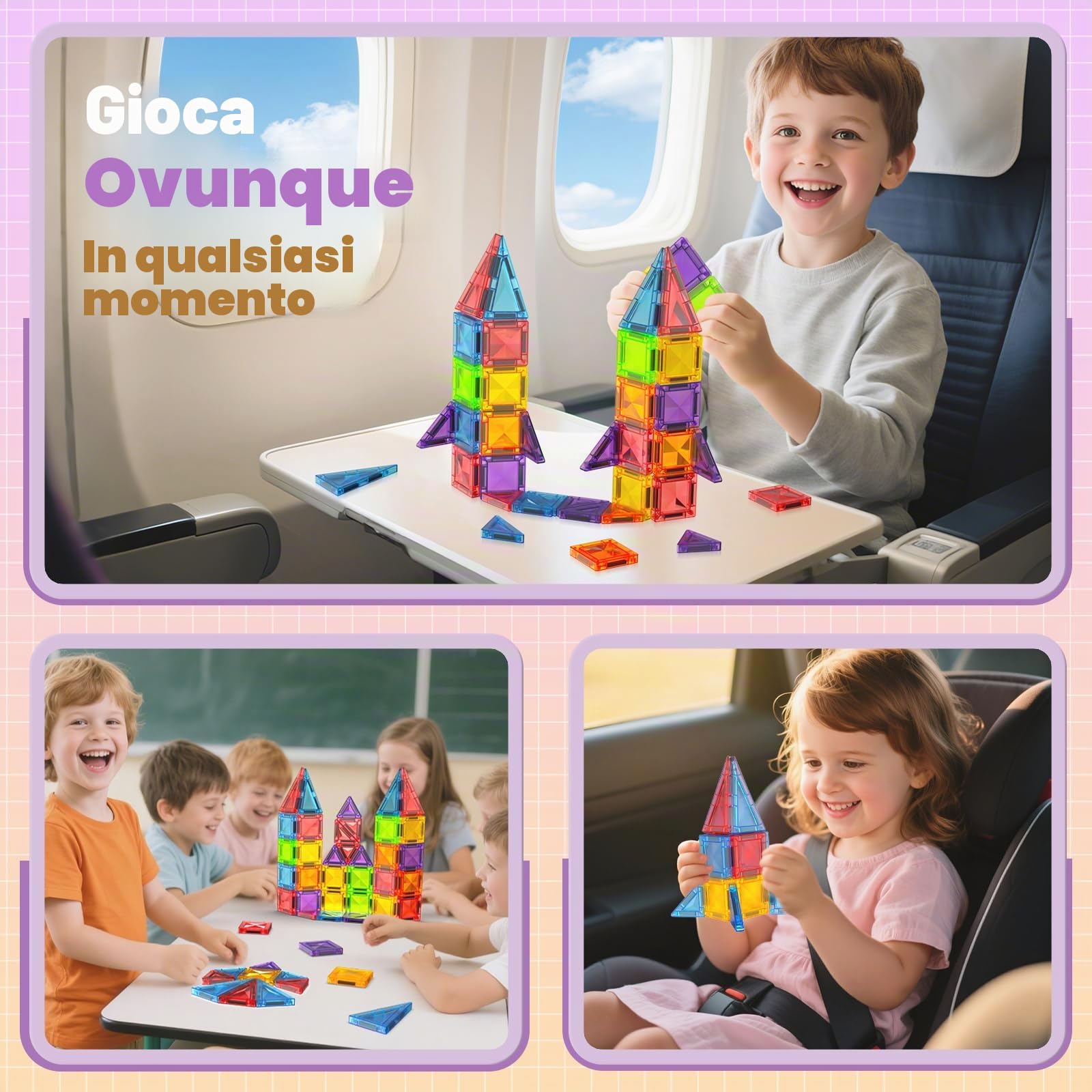 Costruzioni Magnetiche per Bambini 56 Pezzi in Valigetta Metallica - Gioco da Viaggio per Costruire Castelli, Razzi e Aerei - Giocattolo Montessori 3+ Anni - Blocchi Magnetici Regalo Creativo STEM