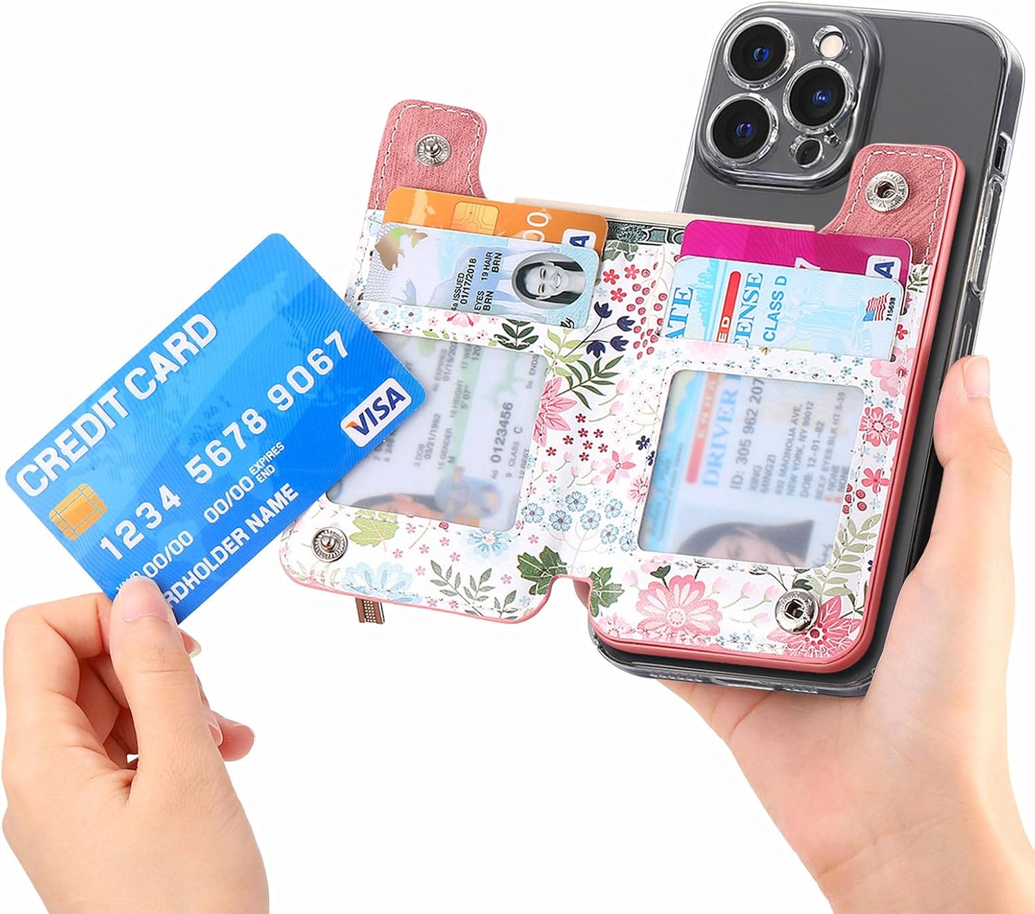 Stick on Wallet for Phone Case, Credit Adhesive Card Holder for Back of Phone Cases Flip Leather Zipper Flower Wallet Sleeve Compatible with iPhone, Samsung Galaxy Most Smartphones Pink - Image 2