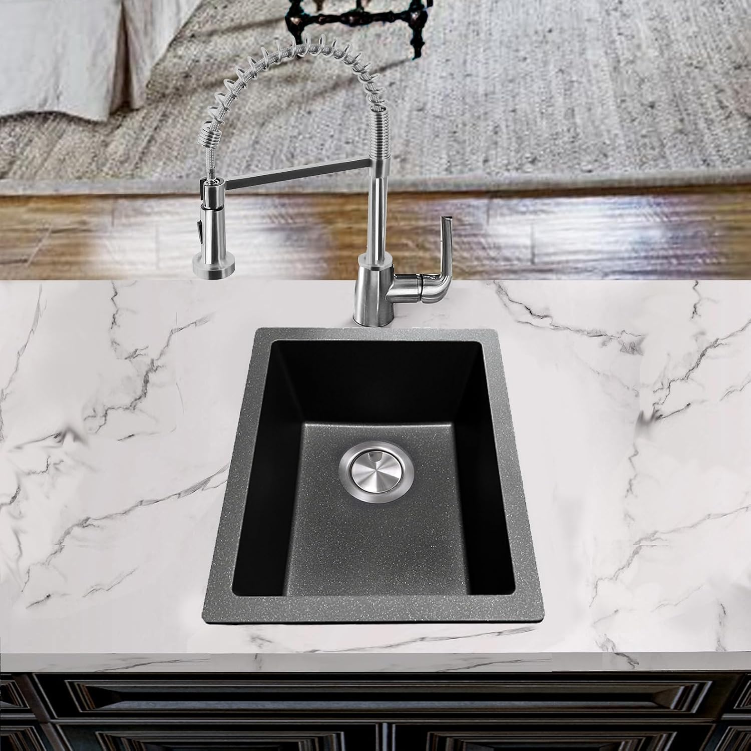 Nantucket Sinks Matte Black Bar Sink – 18" Small Kitchen Sink for Wet Bar & Prep Area, Granite Composite, Undermount or Drop In, Made in Europe – Heat & Stain Resistant – Rockfort Collection PR1815-BL