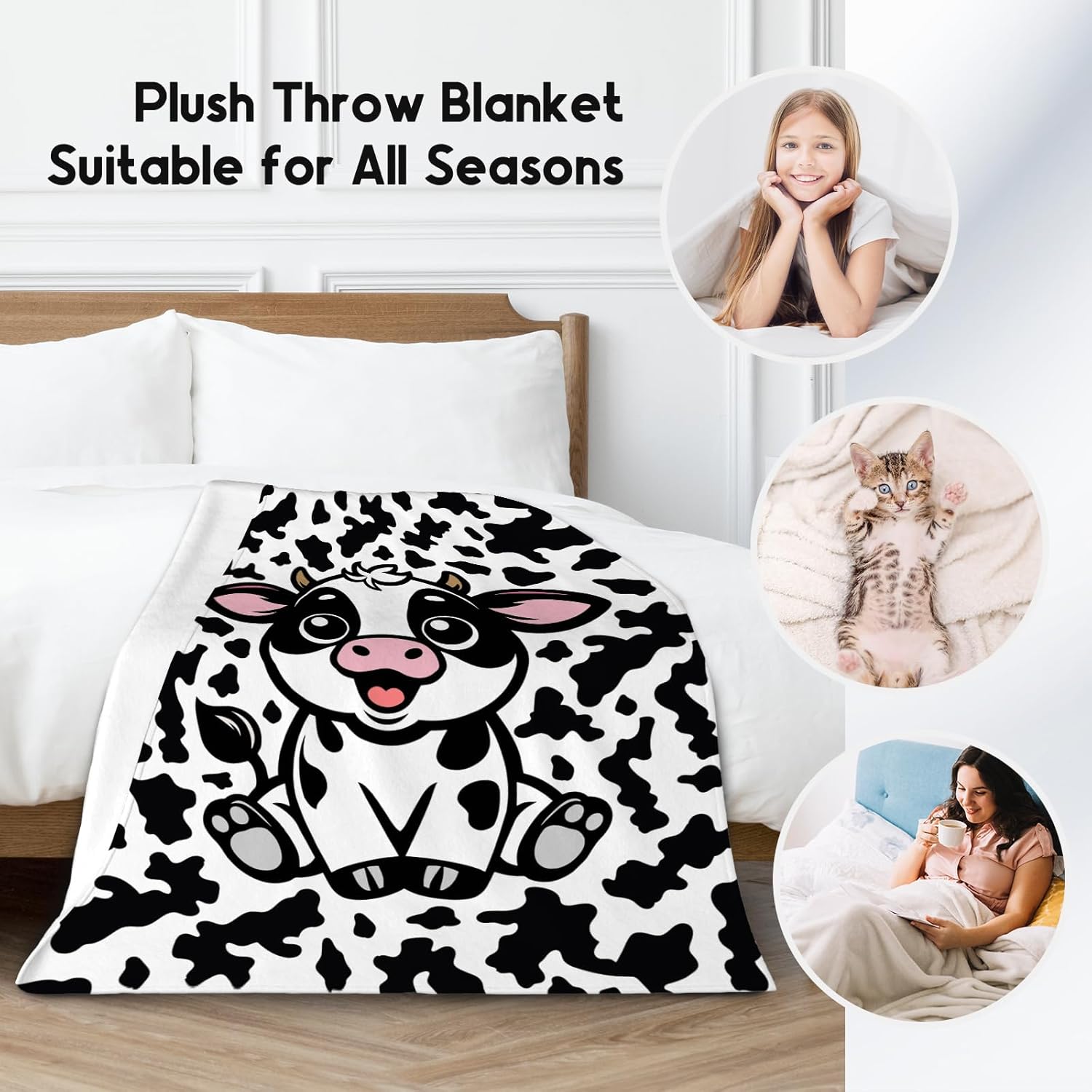 Cow Blanket, Cozy Soft Throw Gifts for Girls, Cute White Flannel Throw Blankets for Couch Office, 40x50 Inches