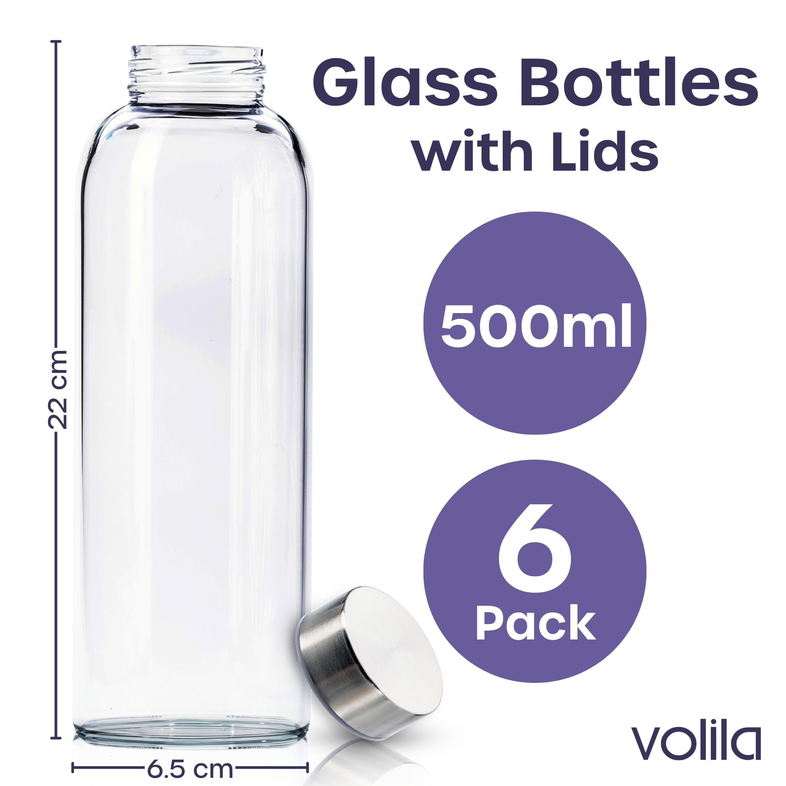 EkkoVla Set Di 6 Bottiglie In Vetro 500ml Con Coperchio – A Bocca Larga, Riutilizzabili, Per Succhi, Frullati, Latte E Acqua, Con Etichette