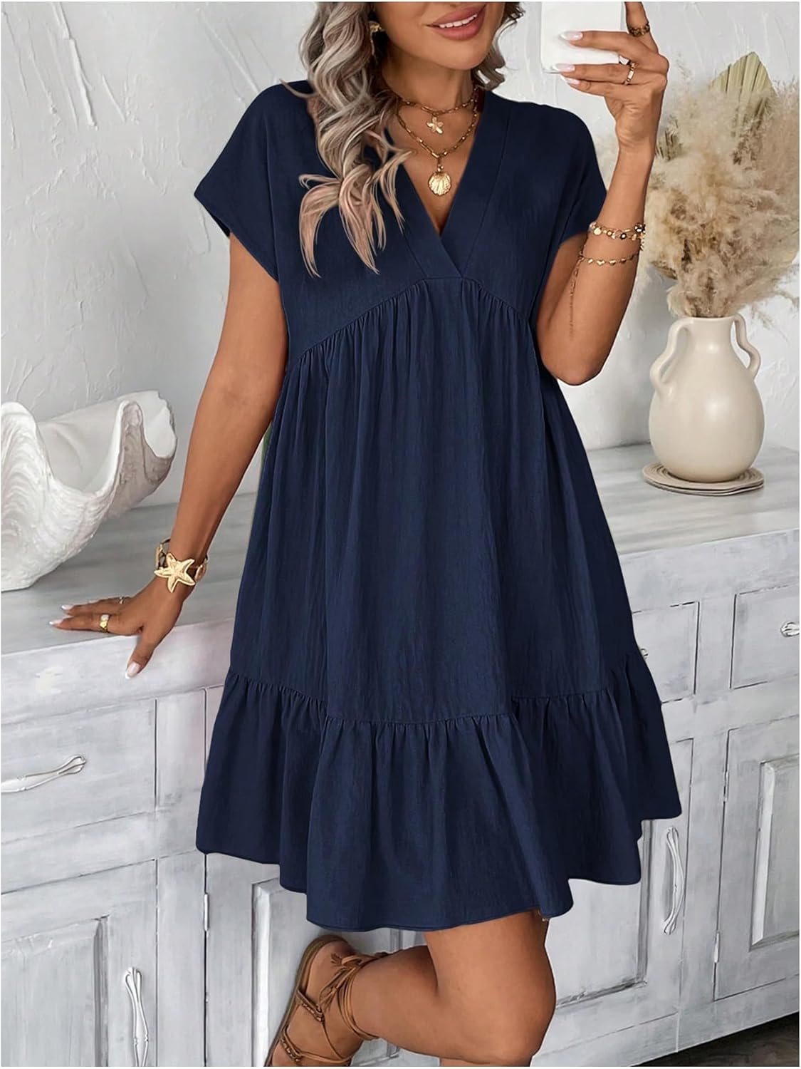 SOLY HUX Women's Summer Dress V Neck Short Sleeve Ruffle Hem Babydoll Flowy Loose Short Dresses Sundress Plain Blue Large - Image 3